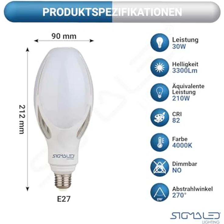Sigmaled lighting LED-Leuchtmittel E27-Sockel, 30 W, 3300 Lumen, entspricht 210 W Glühlampen oder 85 W Energiesparlampen, LED-Glühbirne neutralweißes Licht 4000K, Ø90x212mm. – Bild 2