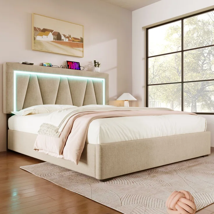 Polsterbett 160x200 cm aus Leinen mit Stauraum, USB- und Type-C-Anschluss und LED-Beleuchtung