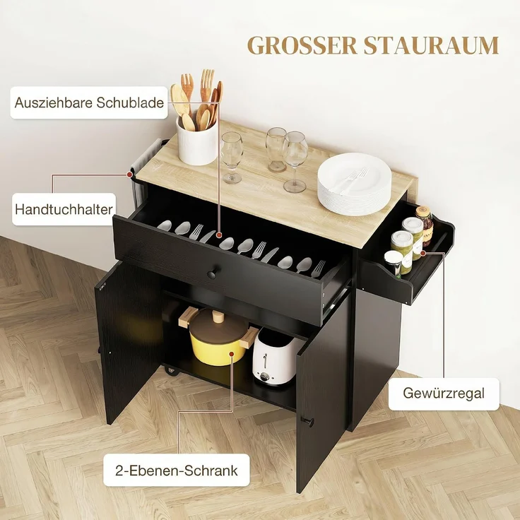 HOMCOM Kücheninsel, Spanplatte, MDF, Schwarz, 106L x 42B x 87H cm – Bild 4