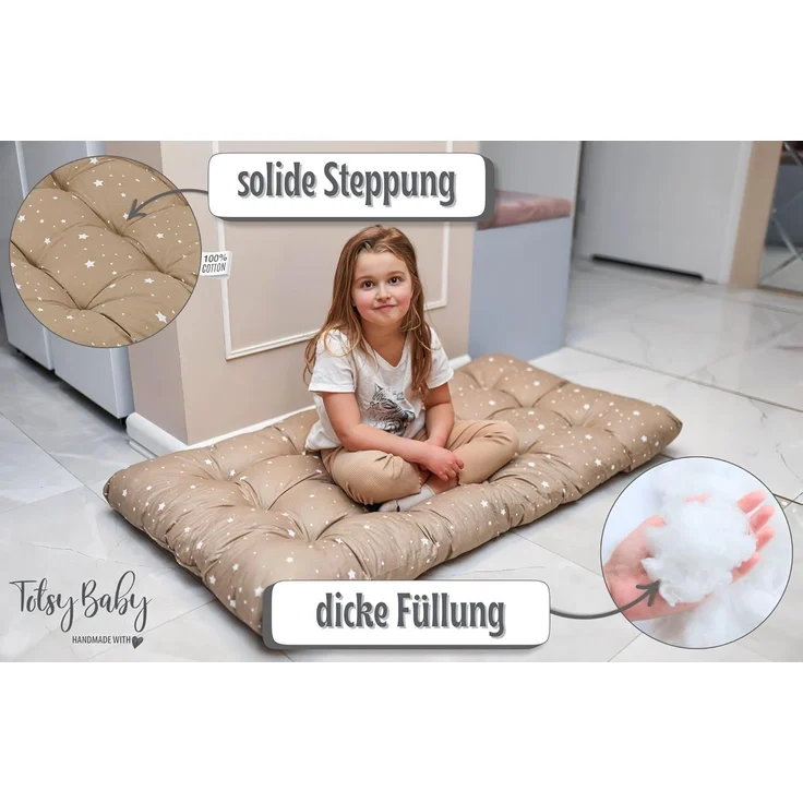 Krabbeldecke für Baby Kissen für Kletterbogen 60x120 cm - Bodenkissen Kinder Matte für Montessori Spielbogen Wippe Kletter Bogen Polster Spieldecke für Kinderzimmer Beige mit Weiß Sternen – Bild 4