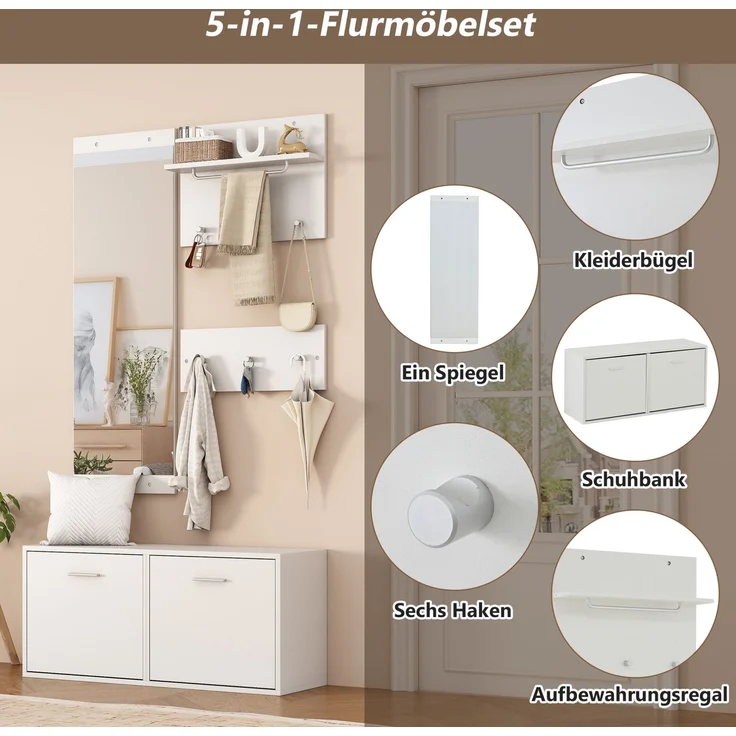 DESVIAE Garderobenschrank-Set 4-tlg. mit Spiegel und 6 Haken 90x41,5x30 cm Spanplatte Weiß – Bild 4