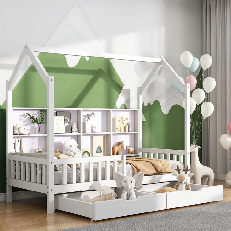 Merax Hausbett 90x200cm Kinderbett mit Mehrzweck-Bücherregal-Speichergitter-Kabinett Ablageregal und zwei großen Schubladen mit Stauraum und Kaminform, Weiß