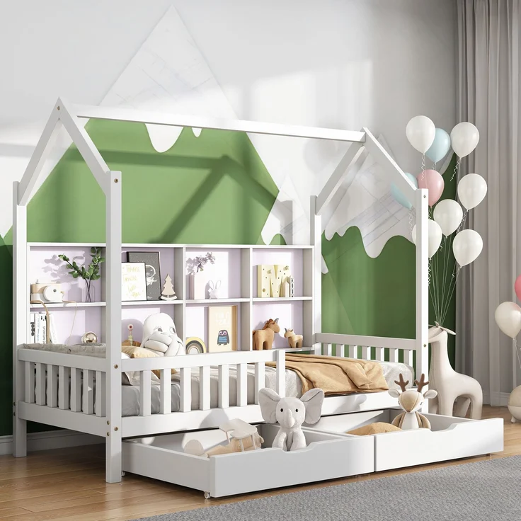 Merax Hausbett 90x200cm Kinderbett mit Mehrzweck-Bücherregal-Speichergitter-Kabinett Ablageregal und zwei großen Schubladen mit Stauraum und Kaminform, Weiß – Bild 1