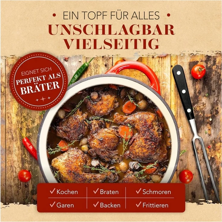 Krustenzauber Schmortopf Gusseisen Topf [inkl. Fleischgabel] backofengeeignet, (Idealer Bräter mit Deckel Backofengeeignet, Kochtopf Induktion, Emaille, Bratentopf Cast Iron) – Bild 3