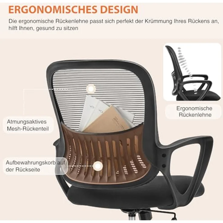 Sweetcrispy Bürostuhl Ergonomisch, Schreibtischstuhl mit Lendenwirbelstütze, Verstellbaren Armlehnen Drehstuhl, Höhenverstellbarer Office Chair, Bürostühle Geeignet für Büro und Schlafzimmer (Schwarz) – Bild 5