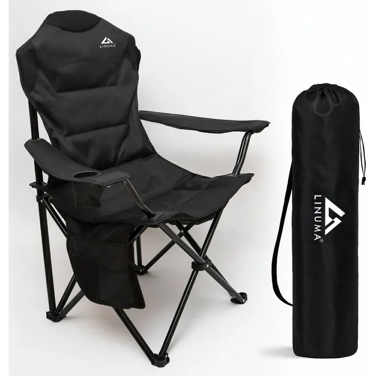 LINUMA® Luxus Faltstuhl PRO SCHWARZ Campingstuhl Anglerstuhl mit Getränkehalter & Tragetasche