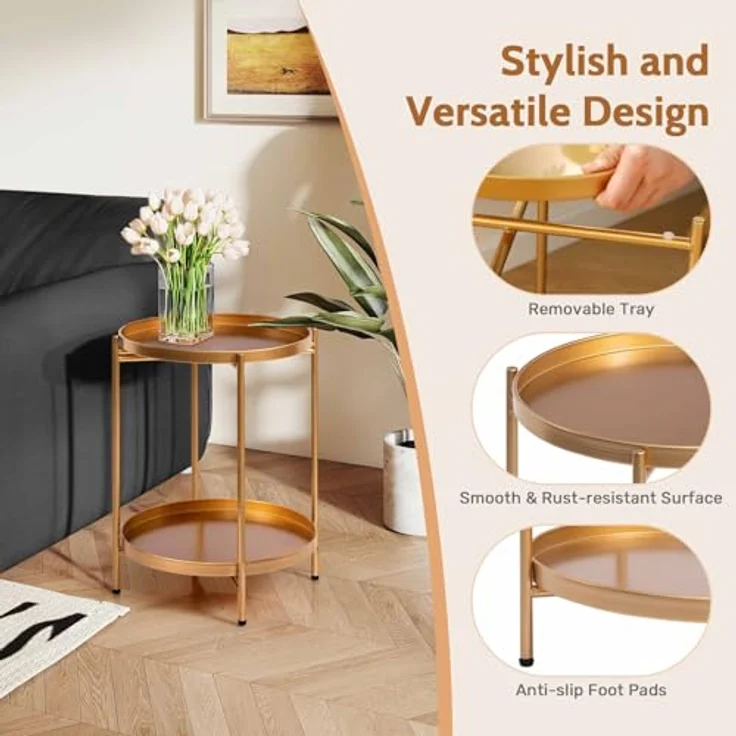 HollyHOME Beistelltisch Gold Rund Metall Balkontisch Klein Couchtisch Nachttisch Sofatisch 2 Ebenen Beistelltisch für Wohnzimmer Schlafzimmer Terrasse Outdoor – Bild 7