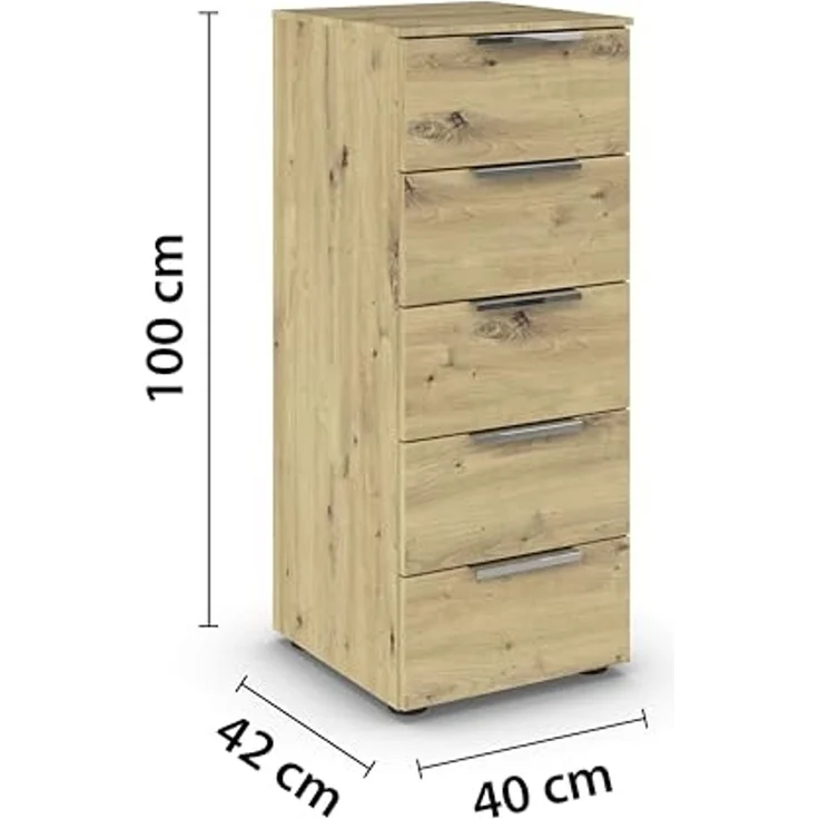Rauch Möbel Flipp, schmale Hochkommode mit viel Stauraum für Flur, Wohnzimmer, Schlafzimmer, Eiche Artisan, 5 Schubkästen, Griffe chrom, 40 x 100 x 42 cm – Bild 3