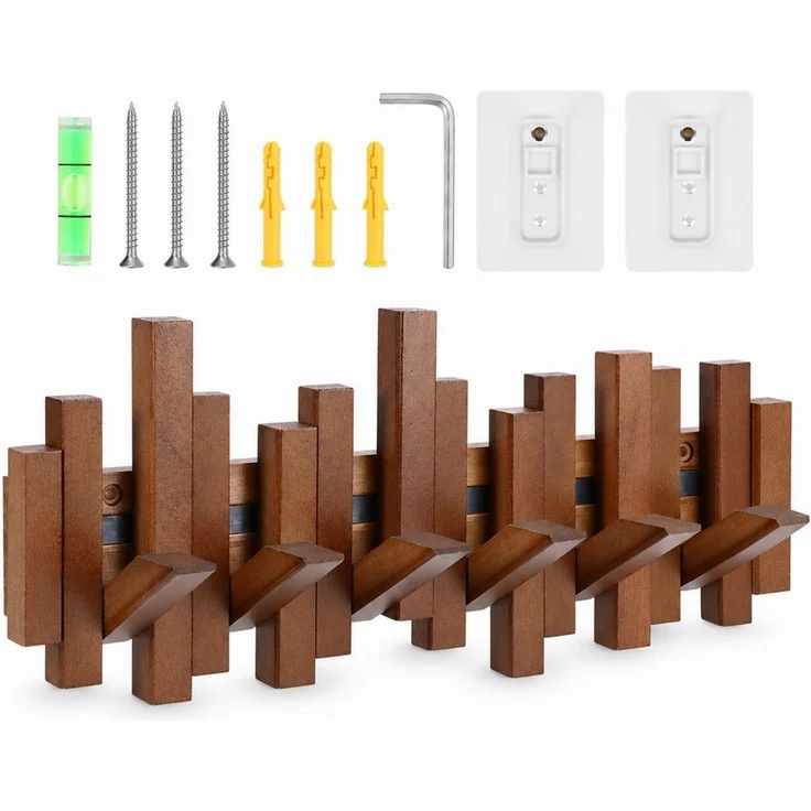LEMLIT Wandgarderobe Garderobenleiste Holz mit 6 Klapphaken, Platzsparende Hakenleiste (1er Set, 1 St, 6 einklappbare Haken), Garderobe 40,5 cm, Walnuss-Optik, für Flur und Schlafzimmer – Bild 1