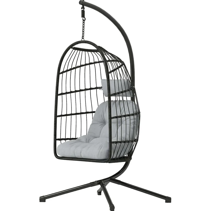 MELAYR, Hängesessel mit Gestell faltbar Polyrattan Hängekorb mit Kissen Sicherheitsgurt, 105 x 101 x 196 cm, Hellgrau – Bild 2