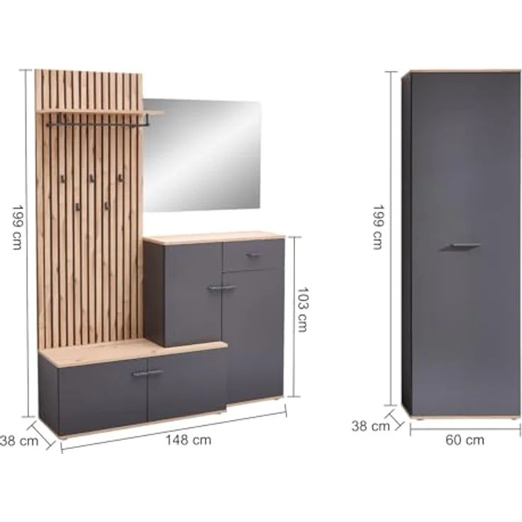 moebel-dich-auf Garderoben-Set COMO, (Paneel + Schuhschrank + Spiegel + Hochschrank, in anthrazit oder weiß / Artisan Eiche Nb), 223 cm breit – Bild 3