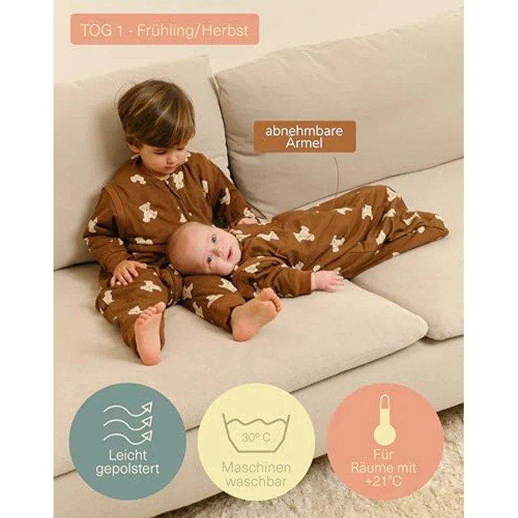 molis&co - Baby Schlafsack Neugeborene Abnehmbare Ärmel - Babyschlafsack 1 tog - Leicht gepolstert - 100% Baumwolle (Oeko-TEX 100), Premium Qualität - Teddy Mocca (12-18 Monate) – Bild 5