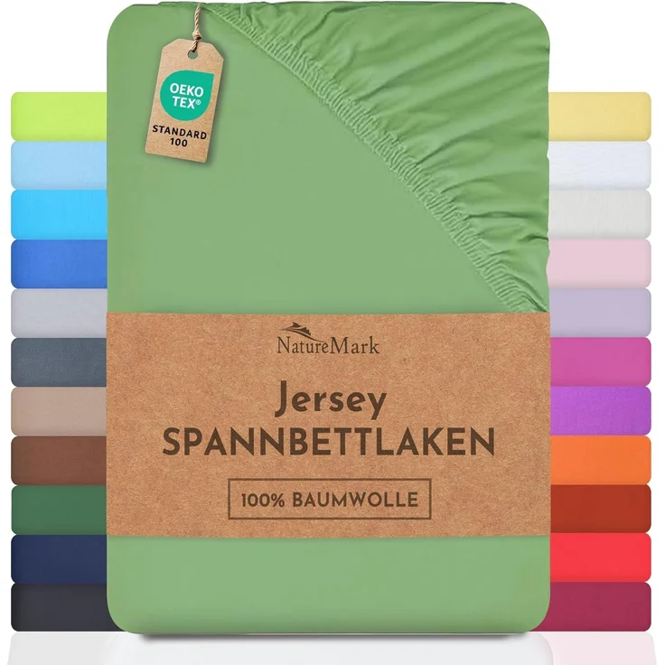 NatureMark Jersey Spannbettlaken, Spannbetttuch 100% Baumwolle in vielen Größen und Farben MARKENQUALITÄT ÖKOTEX Standard 100 | 200x220 cm +40 cm Steg - Jade