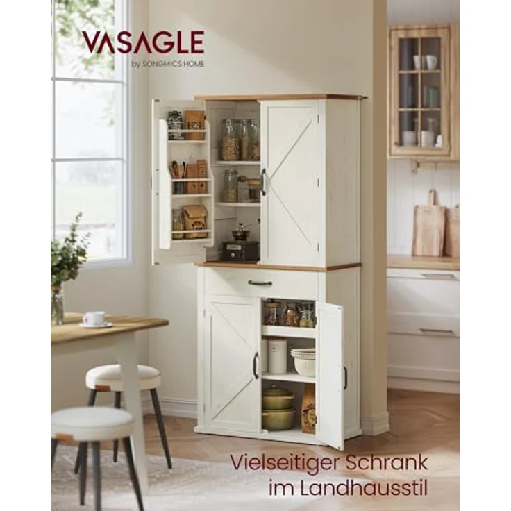 VASAGLE Küchenschrank mit Türen, Landhausstil, Schublade, Ablage und verstellbaren Einlegeböden, vintageweiß, 178,6 x 40 x 80 cm, BBKDE364W02 – Bild 3