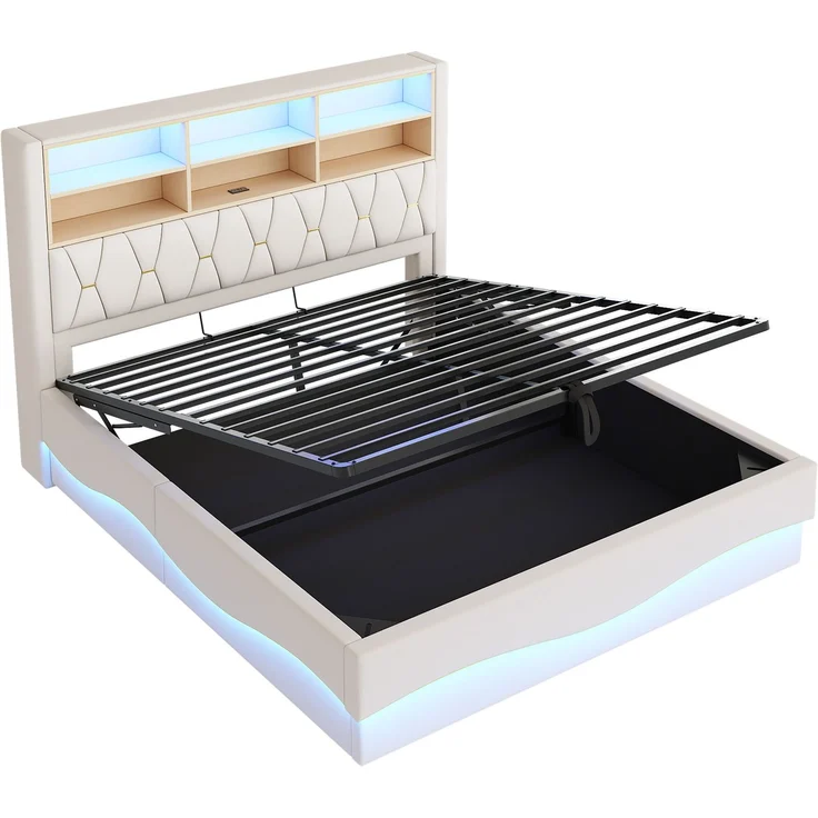 Merax Polsterbett, 180×200cm Doppelbett, mit hydraulischem Stauraum APP-gesteuertes LED-Lichtband USB-Ladeanschluss Metall-Lattenrost, Leinenpolsterung, Beige – Bild 8