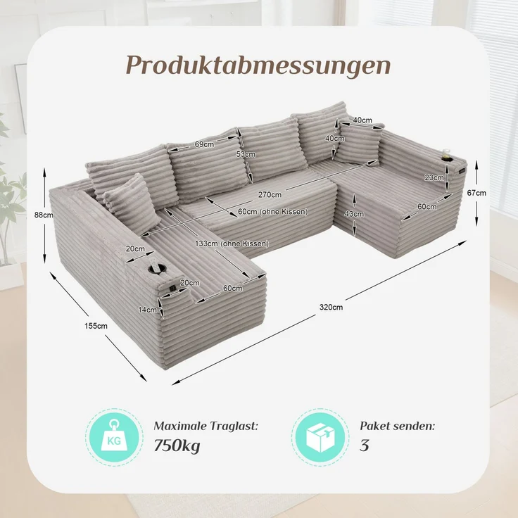 U-Form-Sofa aus Cord mit Getränkehalter & Seitentasche, 320x155x88 cm, Hellgrau – Bild 5