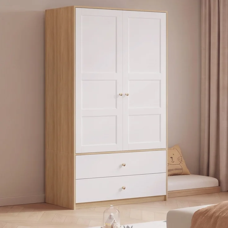 ZUBALIYA Doppeltüriger Kleiderschrank, 2-türiger Kleiderschrank, mit 2 Schubladen und Kleiderstange, Schlafzimmermöbel, Garderobenschrank, Kleiderschrank mit Kleiderstange, 100 x 48 x 180 cm,Weiß und Holzoptik – Bild 12