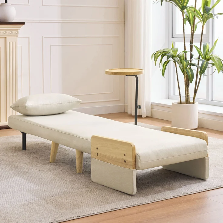 Verstellbarer Loungesessel mit 360° Holztablett, Leinen, 88x74,5x66 cm, Beige – Bild 2