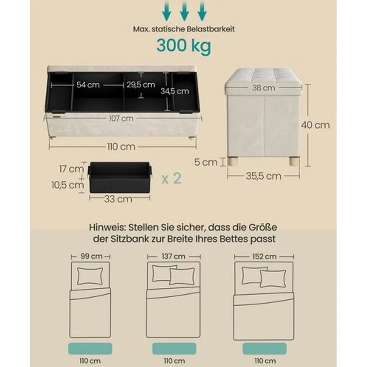 SONGMICS Sitzbank mit Stauraum, Hocker faltbar, 38 x 110 x 40 cm, Aufbewahrungsbox mit Deckel, Fußhocker 112 L, Samt, bis 300 kg belastbar, Flur Wohnzimmer Schlafzimmer – Bild 3