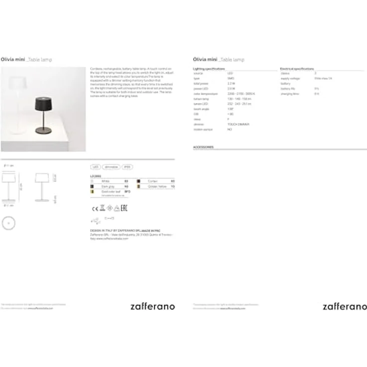Zafferano, Olivia Mini Lampe, Tragbare und Wiederaufladbare Tischlampe mit Touch Control, Geeignet für Wohnzimmer und Außenbereich, Dimmer, 2200-3000 K, Höhe 22 cm, Farbe Dunkelgrau – Bild 8