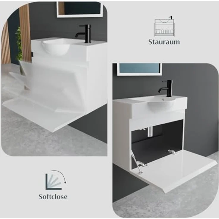 Alpenberger Badmöbel-Set Waschbecken mit Unterschrank 55 cm Breit, (Badezimmermöbel Waschtisch, Badschrank Schmal), Waschbeckenunterschrank mit Softclose – Bild 5