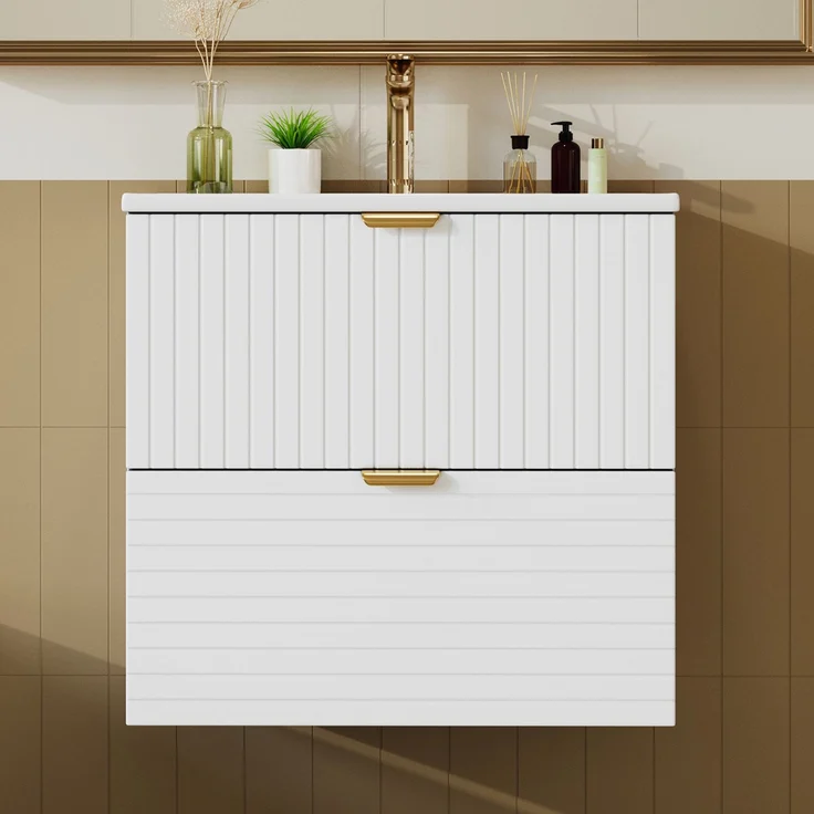 61*46*57cm Wandhängender Waschtisch, MDF volllackiert, zwei geräuschlose Schubladen, horizontal und vertikal strukturierte Schubladenfronten, integriertes Waschbecken, Weiß – Bild 1