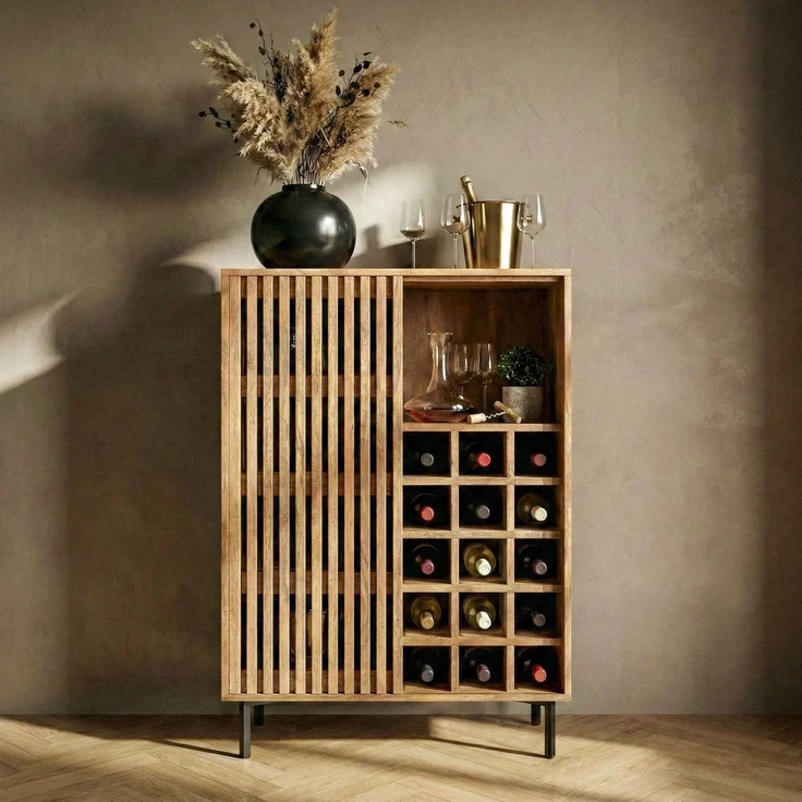 Hausbar Mango Massivholz 80x123cm Barschrank mit Schiebetür im Gitter-Design - Bar Schrank Weinaufbewahrung - Spirituosenschrank mit Metallbeine und Weinregal Handmade – Bild 3