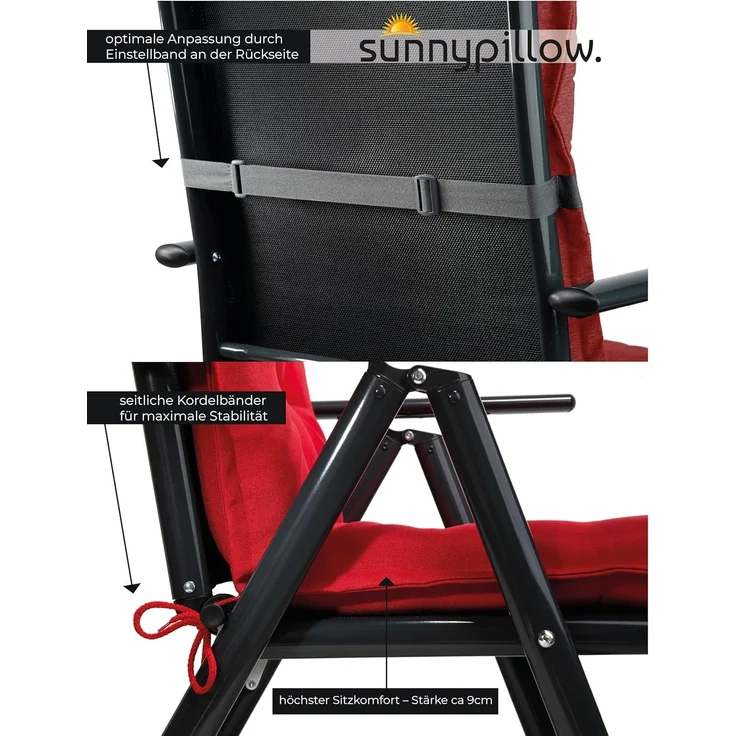 sunnypillow 6er Set Gartenstühle und Gartenstuhlauflagen Hochlehner | 120 x 50 x 9 cm Hochlehner Auflage wasserdicht UV-lichtecht | Klappsessel Klappstuhl für Garten Polsterauflagen Stuhlauflage | Rot – Bild 5