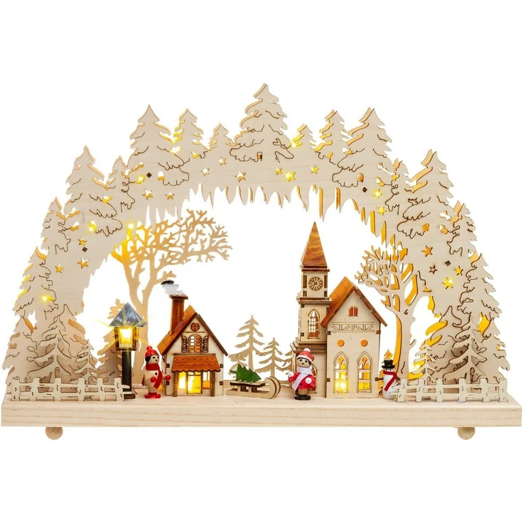 SIKORA Schwibbogen LB52 Holz Lichterbogen mit LED Beleuchtung Motiv Winterdorf B:43cm, inkl. Netzteil - sanft beleuchtet für sinnliche Weihnachten – Bild 1