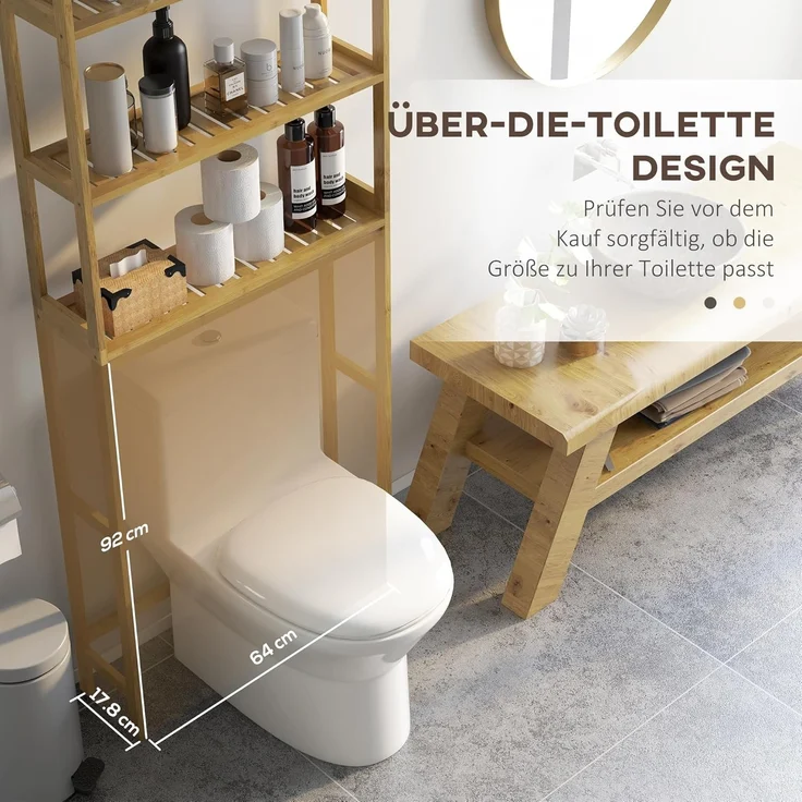 Kleankin Badregal Toilettenregal 3-stöckiges Badezimmerregal, Standregal mit Kippschutz, Aufbewahrungsregal 1-tlg, für Badezimmer, Bambus, Natur, 68 x 20 x 165 cm – Bild 5