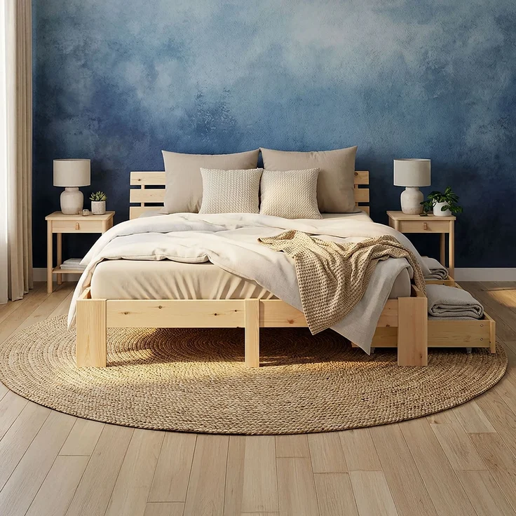 Holzbett 140x200 cm mit Federkernmatratze & 2 Bettkästen Doppelbett Bett Holzbettrahmen Natur Massiv Holz Lattenrost – Bild 10