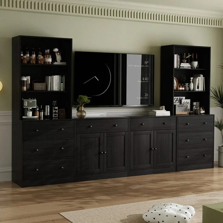 VOWNER TV-Schrank mit Bücherregalen für Fernseher bis zu 70 Zoll, 280 cm TV-Ständer (4-St) Wohnzimmer-Fernsehschrank mit gehärteten Glastüren und Einlegeböden