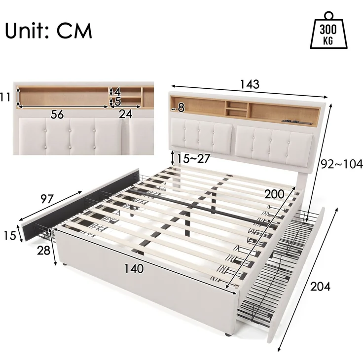 Polsterbett 140×200 cm mit verstellbarem Kopfteil,USB & Steckdosen,4 Schubladen,Leinenstoff beige,inklusive Matratze – Bild 10