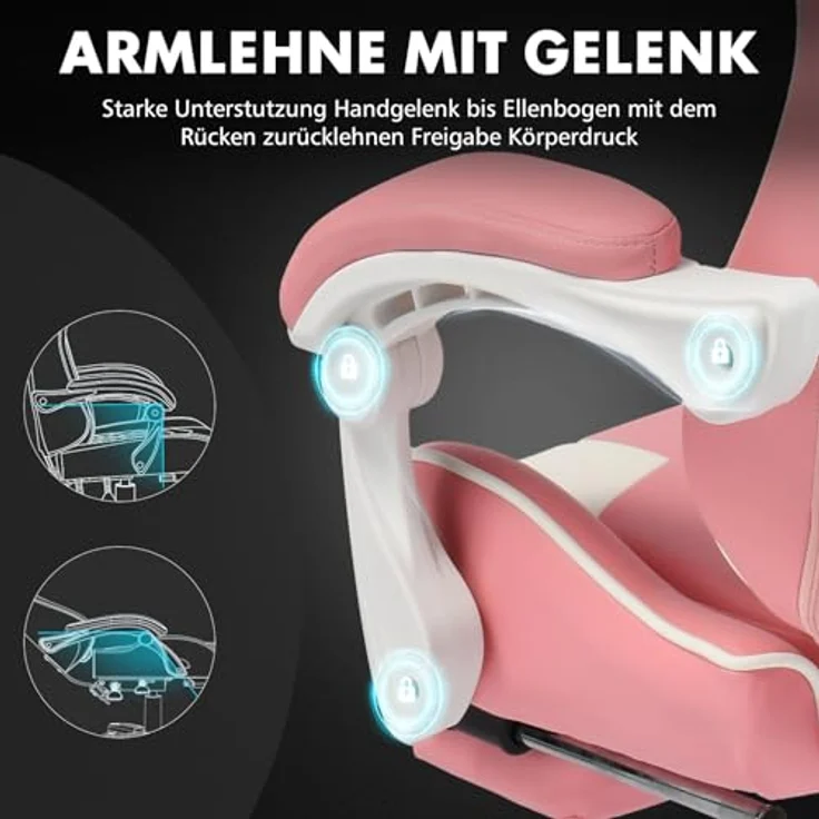 GTPLAYER Gaming Stuhl, Bürostuhl, Ergonomischer Pc Stuhl, Gaming Sessel mit Massagelendenwirbelstütze, Task Stühle mit Fußstütze und Kopfstütze, Rosa Kunstleder – Bild 9