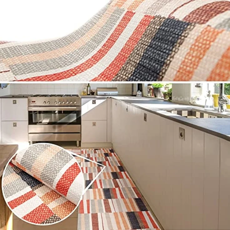 ANRO Küchenläufer Hochwertig GreenLine Flurläufer Teppichläufer Textil, Eckig, Bodenläufer 100x52cm Line Patchwork Beige Grau pflegeleicht – Bild 3