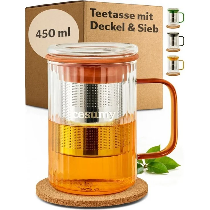 Cosumy Teeglas Teetasse mit Deckel und Sieb 450ml Orange, 1-tlg, Borosilikatglas, Edelstahl, Kork, Edelstahlfilter – Bild 4