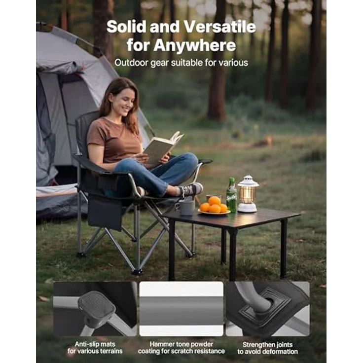 VEVOR 2 x Campingstühle (Übergroß) Faltstühle 204 kg Belastbar, Anglerstühle mit Gepolsterter Rückenlehne & Armlehnen, Klappstühel mit Getränkehalter & Seitentasche, für Outdoor-Aktivitäten Angeln – Bild 6