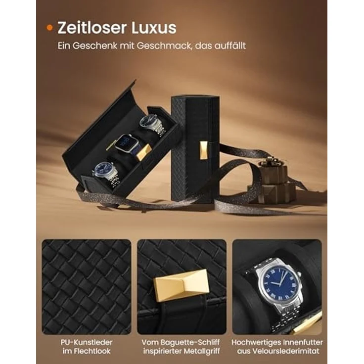 SONGMICS HOME RONNE Kollektion - Uhrenbox unterwegs, Uhrenrolle für 3 Uhren, hexagonale Form, PU im Flechtlook, versteckter Stauraum, 9,8 x 21,2 x 8,7 cm, Geschenkidee, tintenschwarz JWB027B01 – Bild 4