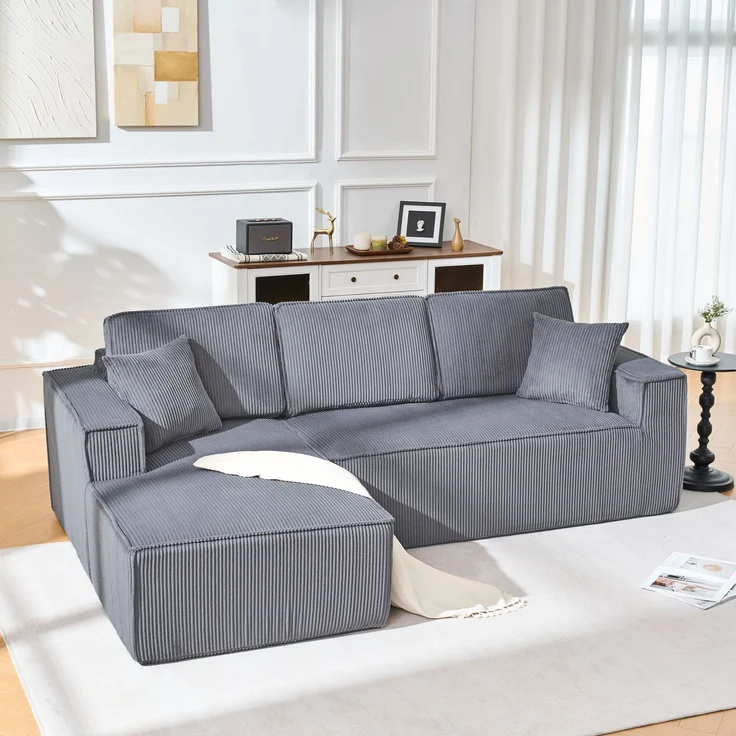 LVHOM L-Form Ecksofa mit Chaiselongue, 3-Sitzer Sofa mit 2 Kissen, Cloud Sofa aus Cordstoff, kein Aufbau erforderlich, Skandinavisches Design, Grau – Bild 1