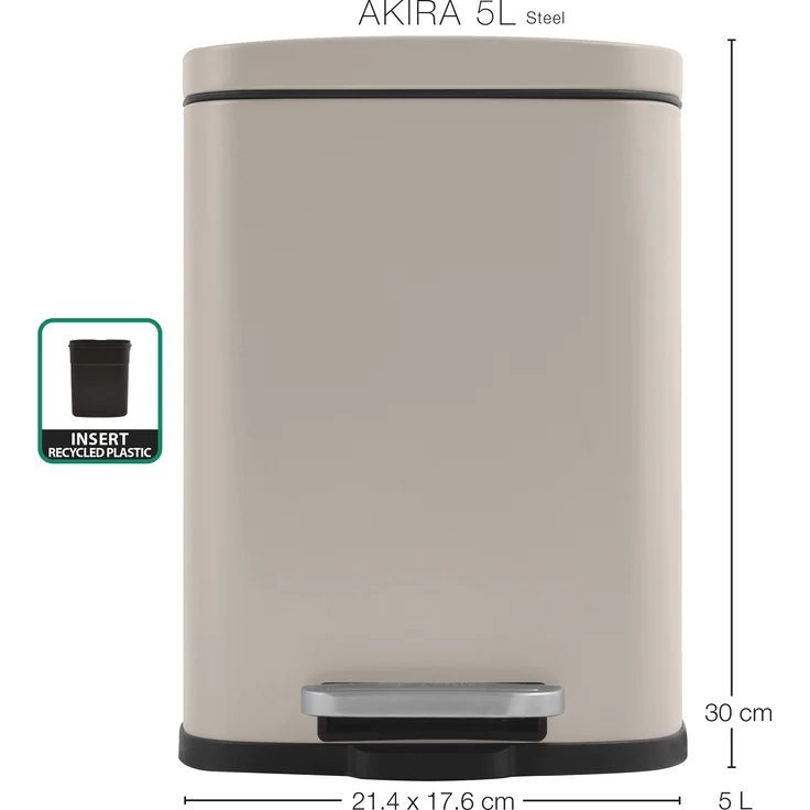 Spirella Kosmetikeimer 5 Liter Edelstahl mit Absenkautomatik und Inneneimer "Akira" Badezimmer Mülleimer Softclose Abfalleimer taupe matt – Bild 7