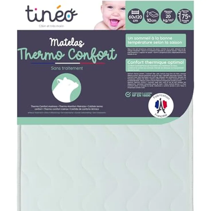 TINÉO Matelas Thermo Confort 60x120x10 cm, Polyuréthane, Blanc, Simple