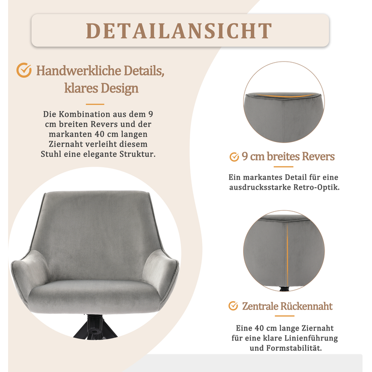GOEURVANT 2178 Esszimmerstühle 2er-Set mit Armlehnen, 360° Drehbar, Wippfunktion, Samt - Hellgrau – Bild 8