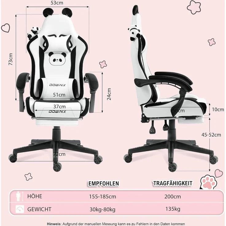 Dowinx Gaming Stuhl - Süße Panda Edition - Ergonomischer Computerstuhl mit Hoher Rückenlehne und Lendenwirbelstütze, PU-Leder, Fußstütze, Panda – Bild 3