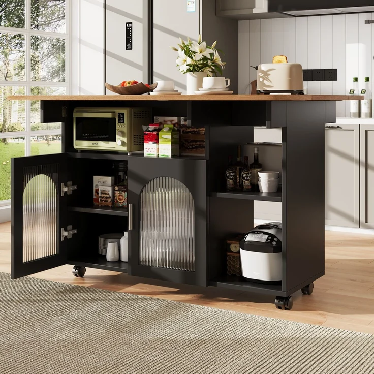 Merax Kücheninsel,Modernes Küchensiland, Küchenschrank, Abnehmbare Servierwagen buffetschrank, Speisewagen mit Holzmaserung, buffetschrank, Multifunktionale Esstisch mit Speicherraum, Schwarz – Bild 1