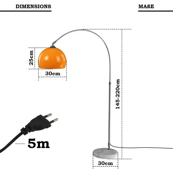 Jago® Bogenleuchte - Höhenverstellbar, 145-220 cm, 1 x E27, max. 60W / LED, Orange, für Wohnzimmer, Lounge, Bar - Bogenlampe, Stehlampe, Stehleuchte, Standleuchte, Bogenstandleuchte