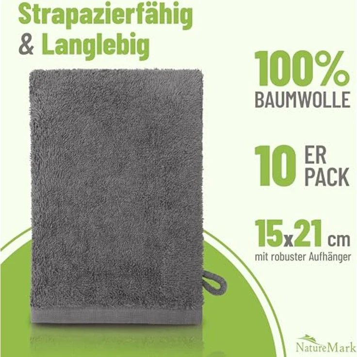 NatureMark 10er Pack Frottee Waschhandschuhe, Waschlappen, 100% Baumwolle, Anthrazit grau, 15x21 cm – Bild 8