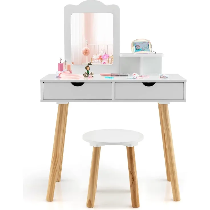 COSTWAY Kinder Schminktisch Set, 2 in 1 Frisiertisch Schreibtisch & Hocker mit abnehmbarem Spiegel, 2 Schubladen, Kamm, Schminkkommode Holz für Mädchen im Alter von 3-7 Jahren