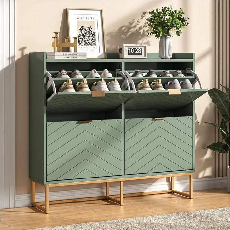 UEV Schuhschrank schmal mit 4 Klappen, Schuhregal Flurschrank mit Metellbeine (100x24x103,5cm (BxTxH) Schuhkipper) moderne Schuhkommode mit verstellbaren Trennwänden & Kippschutz