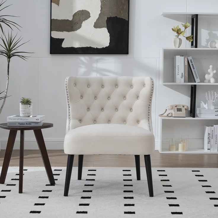 LVHOM Polsterstuhl aus Samt, Esszimmerstühle mit Knopfheftung, ohne Armlehnen, Massivholz Beine, Für Wohnzimmer, Büro & Schlafzimmer, Beige – Bild 9