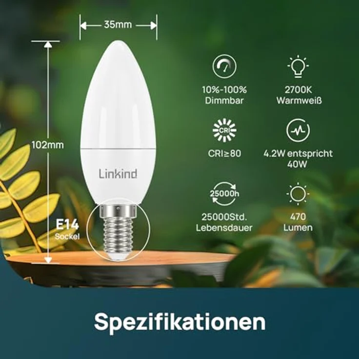 Linkind Dimmbar E14 Lampe 4.2W Kerzenform, Ersetzt 40 Watt, B35 LED Kerze Birne 470 Lumen, 2700K Warmweiß E14 Energiesparlampe, 6 Stück – Bild 3